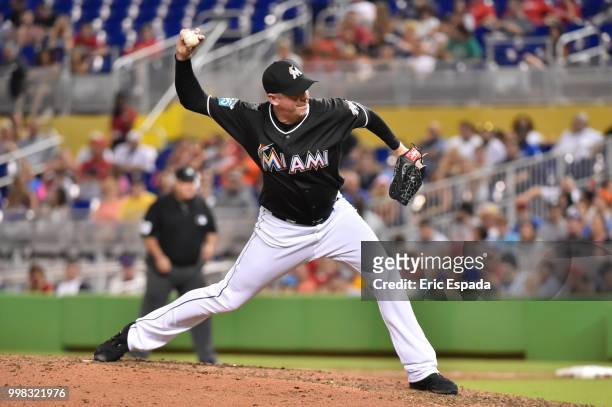 Brad Ziegler of the Miami Marlins throws a pitch during the ninth inning against the Philadelphia Phillies at Marlins Park on July 13, 2018 in Miami,...