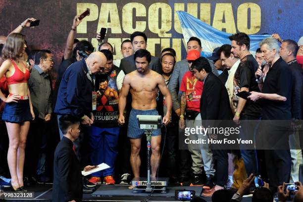 Manny Pacquiao of the Philippines prepares to weighs-in for his fight against Lucas Matthysse July 14, 2018 in Kuala Lumpur, Malaysia.