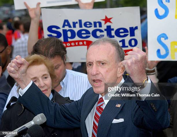 Sen. Arlen Specter and his wife Joan campaign outside Citizens Bank Park May 17, 2010 in Philadelphia, Pennsylvania. Specter, who switched political...