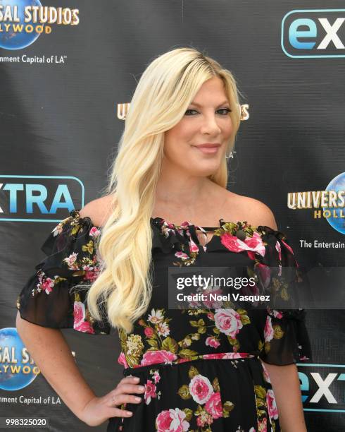 Tori Spelling visits "Extra" at Universal Studios Hollywood on July 13, 2018 in Universal City, California.