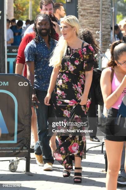 Tori Spelling visits "Extra" at Universal Studios Hollywood on July 13, 2018 in Universal City, California.