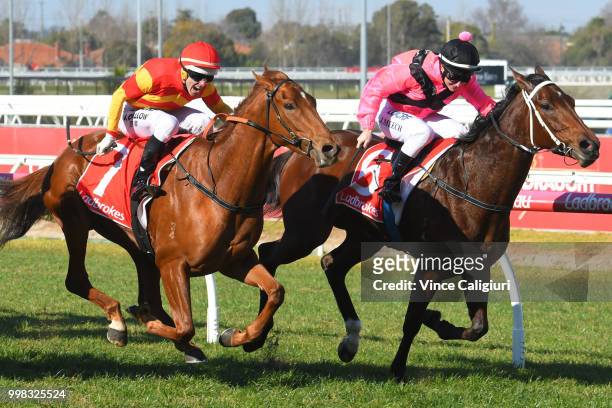 Noel Callow riding Magnesium Rose wins Race 2 during Melbourne Racing at Caulfield Racecourse on July 14, 2018 in Melbourne, Australia.