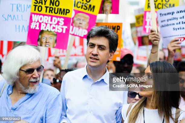 Former leader of the Labor Party Ed Miliband is seen among the protesters against US President Donald Trumps visit to the UK on the second day of the...