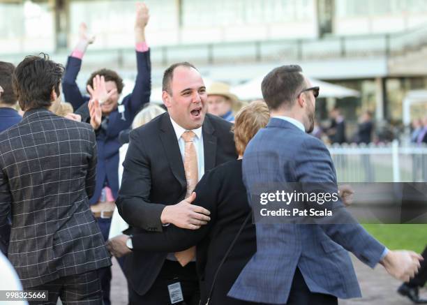 Connections of Magnesium Rose celebrate after winning the Ladbrokes Back Yourself Handicap at Caulfield Racecourse on July 14, 2018 in Caulfield,...