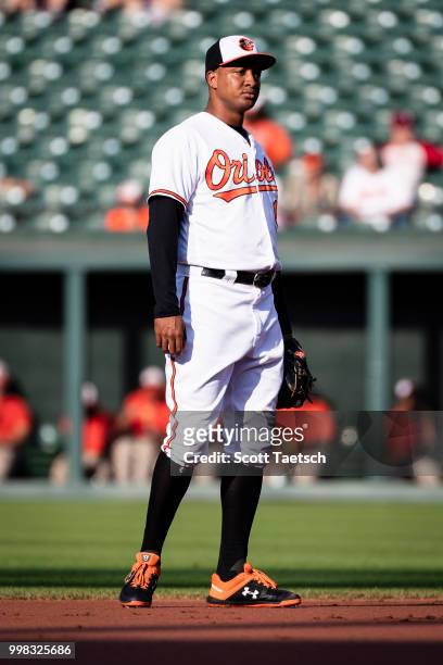Jonathan Schoop of the Baltimore Orioles looks on against the Philadelphia Phillies during the first inning at Oriole Park at Camden Yards on July...