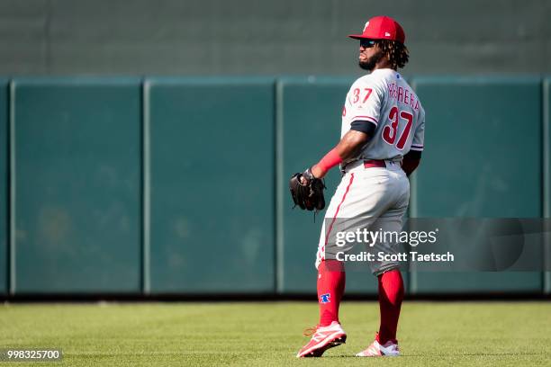 Odubel Herrera of the Philadelphia Phillies reacts against the Baltimore Orioles during the first inning at Oriole Park at Camden Yards on July 12,...