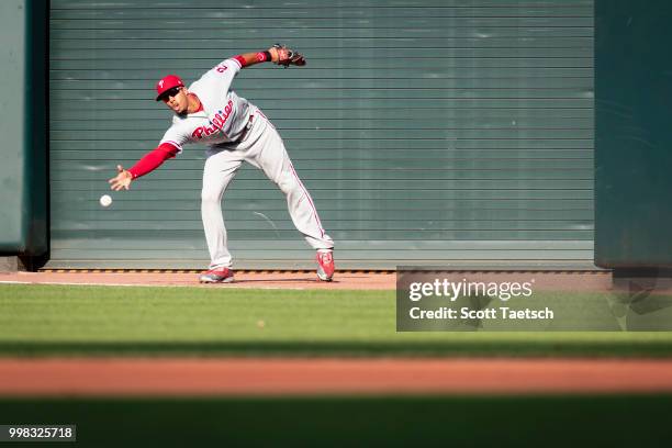 Aaron Altherr of the Philadelphia Phillies in action against the Baltimore Orioles during the first inning at Oriole Park at Camden Yards on July 12,...