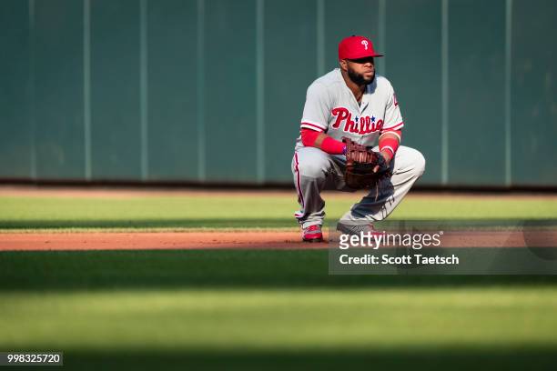Carlos Santana of the Philadelphia Phillies looks on against the Baltimore Orioles during the first inning at Oriole Park at Camden Yards on July 12,...