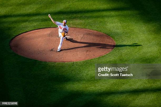 Kevin Gausman of the Baltimore Orioles pitches against the Philadelphia Phillies during the second inning at Oriole Park at Camden Yards on July 12,...