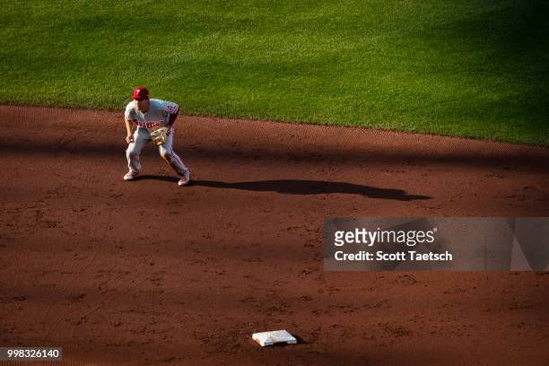 Scott Kingery of the Philadelphia Phillies in action against the Baltimore Orioles during the second inning at Oriole Park at Camden Yards on July...