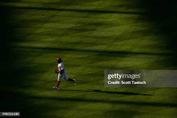 Odubel Herrera of the Philadelphia Phillies in action against the Baltimore Orioles during the second inning at Oriole Park at Camden Yards on July...