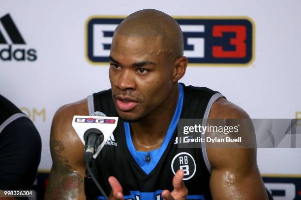 Corey Maggette of Power speaks to the media during BIG3 - Week Four at Little Caesars Arena on July 13, 2018 in Detroit, Michigan.