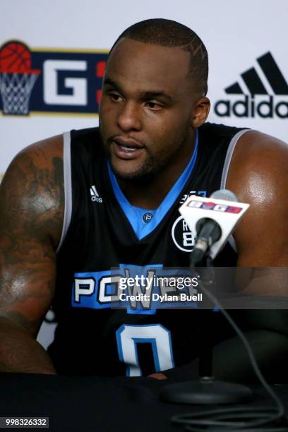 Glen Davis of Power speaks to the media during BIG3 - Week Four at Little Caesars Arena on July 13, 2018 in Detroit, Michigan.