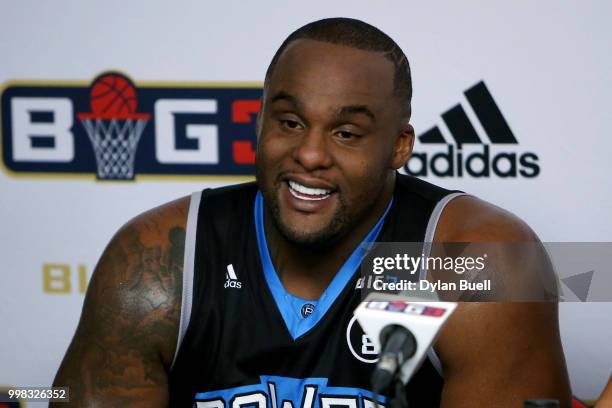 Glen Davis of Power speaks to the media during BIG3 - Week Four at Little Caesars Arena on July 13, 2018 in Detroit, Michigan.