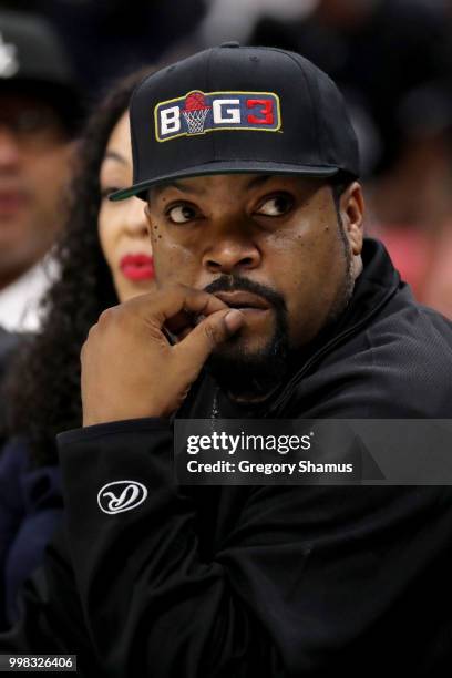 Ice Cube looks on during BIG3 - Week Four at Little Caesars Arena on July 13, 2018 in Detroit, Michigan.