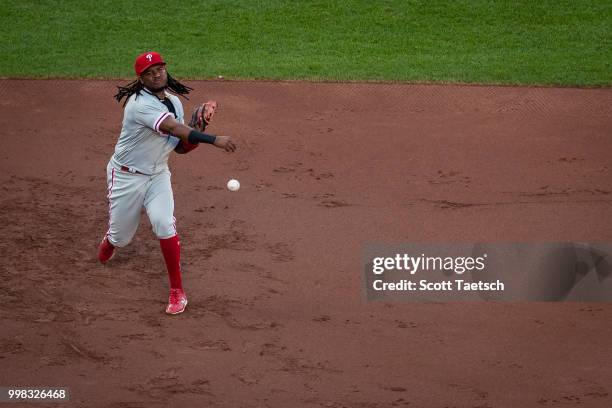 Maikel Franco of the Philadelphia Phillies throws to first during the third inning against the Baltimore Orioles at Oriole Park at Camden Yards on...