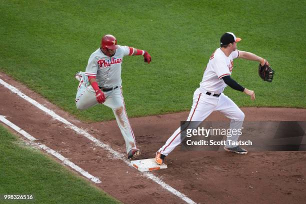 Carlos Santana of the Philadelphia Phillies is retired at first by Trey Mancini of the Baltimore Orioles during the fourth inning at Oriole Park at...