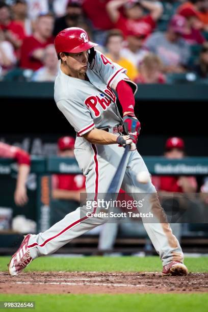 Scott Kingery of the Philadelphia Phillies at bat against the Baltimore Orioles during the seventh inning at Oriole Park at Camden Yards on July 12,...