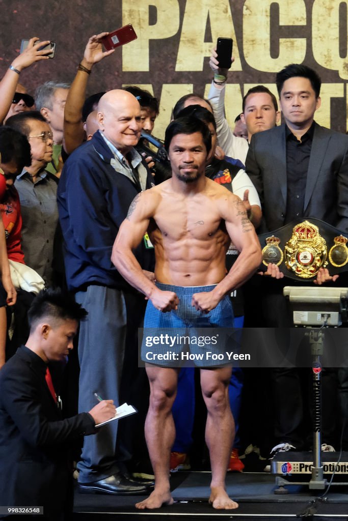 Manny Pacquiao of the Philippines poses during weigh-in for his fight ...