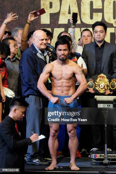 Manny Pacquiao of the Philippines poses during weigh-in for his fight against Lucas Matthysse July 14, 2018 in Kuala Lumpur, Malaysia.