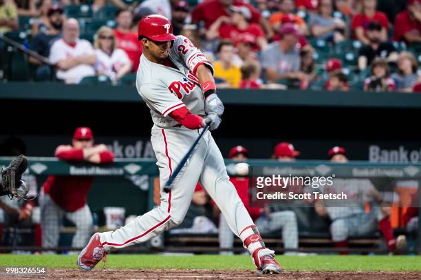 Aaron Altherr of the Philadelphia Phillies at bat against the Baltimore Orioles during the seventh inning at Oriole Park at Camden Yards on July 12,...