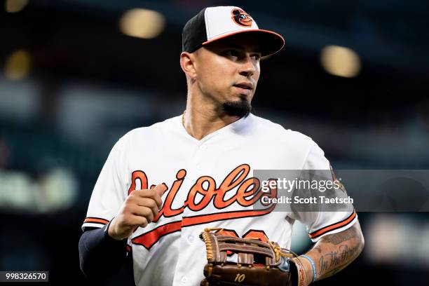 Jace Peterson of the Baltimore Orioles in action against the Philadelphia Phillies during the seventh inning at Oriole Park at Camden Yards on July...