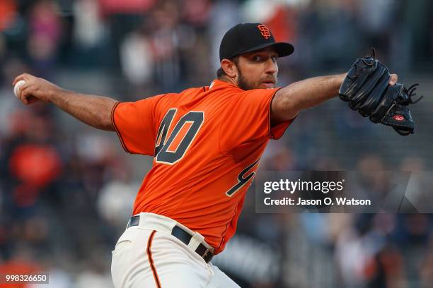 Madison Bumgarner of the San Francisco Giants pitches against the Oakland Athletics during the first inning at AT&T Park on July 13, 2018 in San...