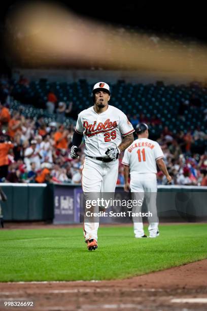 Jace Peterson of the Baltimore Orioles hits a solo home run against the Philadelphia Phillies during the seventh inning at Oriole Park at Camden...