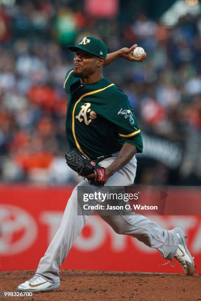 Edwin Jackson of the Oakland Athletics pitches against the San Francisco Giants during the first inning at AT&T Park on July 13, 2018 in San...