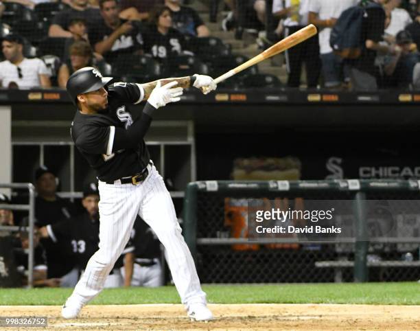 Leury Garcia of the Chicago White Sox hits a home run against the Kansas City Royals during the sixth inning on July 13, 2018 at Guaranteed Rate...