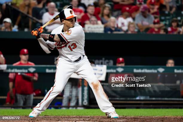 Manny Machado of the Baltimore Orioles at bat against the Philadelphia Phillies during the eighth inning at Oriole Park at Camden Yards on July 12,...