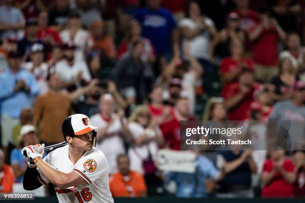 Trey Mancini of the Baltimore Orioles at bat against the Philadelphia Phillies during the ninth inning at Oriole Park at Camden Yards on July 12,...