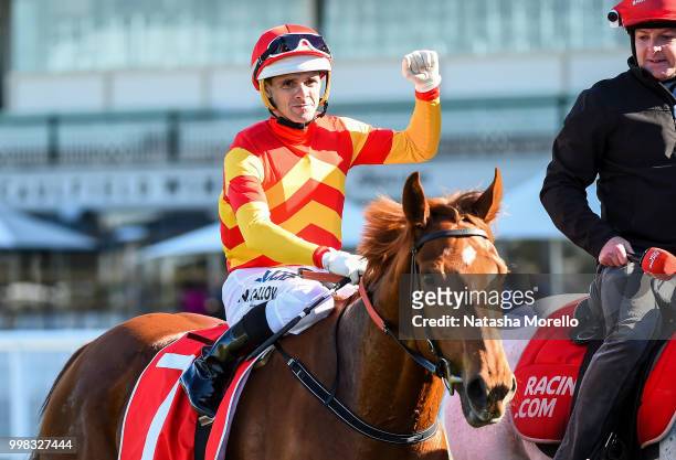 Noel Callow returns to the mounting yard on Magnesium Rose after winning the Ladbrokes Back Yourself Handicap , at Caulfield Racecourse on July 14,...
