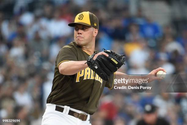 Clayton Richard of the San Diego Padres pitches during the first inning of a baseball game against the Chicago Cubs at PETCO Park on July 13, 2018 in...