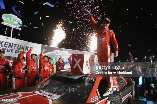 Christopher Bell, driver of the Rheem Toyota, celbrates in Victory Lane after winning during the NASCAR Xfinity Series Alsco 300 at Kentucky Speedway...