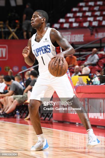 Jawun Evans of the LA Clippers handles the ball during the game against the Atlanta Hawks during the 2018 Las Vegas Summer League on July 13, 2018 at...