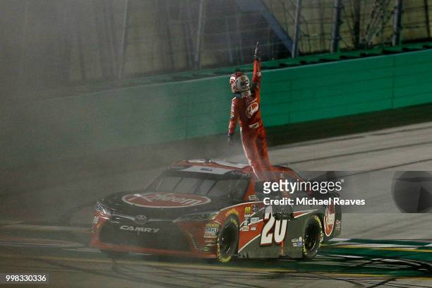 Christopher Bell, driver of the Rheem Toyota, celebrates winning the NASCAR Xfinity Series Alsco 300 at Kentucky Speedway on July 13, 2018 in Sparta,...