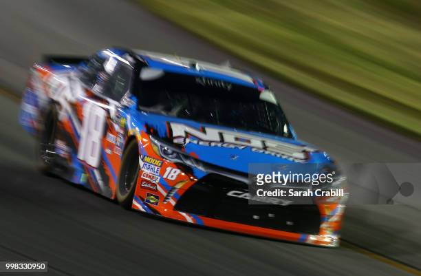 Kyle Busch, driver of the NOS Energy Drink Toyota, races during the NASCAR Xfinity Series Alsco 300 at Kentucky Speedway on July 13, 2018 in Sparta,...