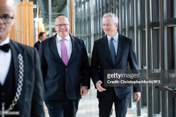German Economy Minister Peter Altmaier and French Minister of economy, Bruno Le Maire leave a joint meeting for going to press conference on July 11,...