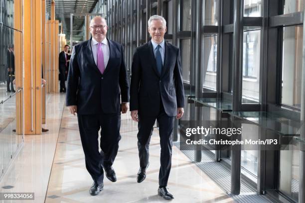 German Economy Minister Peter Altmaier and French Minister of economy, Bruno Le Maire leave a joint meeting for going to press conference on July 11,...