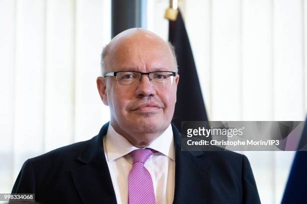 German Economy Minister Peter Altmaier speaks during a joint press conference on July 11, 2018 in Paris, France. The German minister is in Paris on...