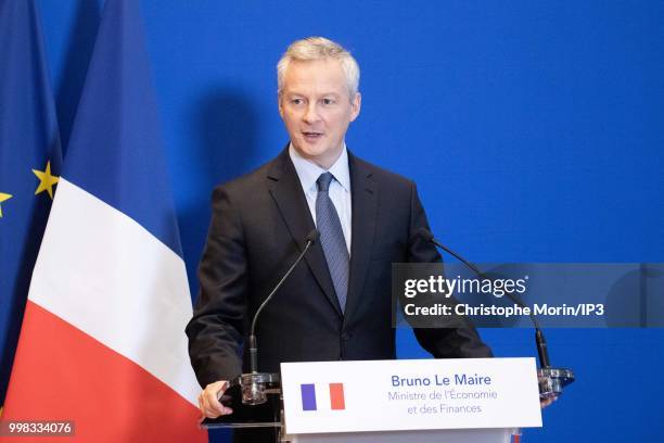 French Minister of economy, Bruno Le Maire speaks during a joint press conference on July 11, 2018 in Paris, France. The German minister is in Paris...