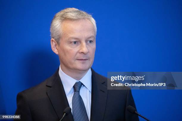 French Minister of economy, Bruno Le Maire speaks during a joint press conference on July 11, 2018 in Paris, France. The German minister is in Paris...