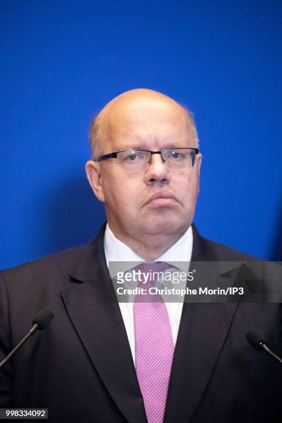 German Economy Minister Peter Altmaier speaks during a joint press conference on July 11, 2018 in Paris, France. The German minister is in Paris on...