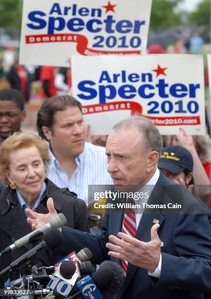 Sen. Arlen Specter and his wife Joan campaign outside Citizens Bank Park May 17, 2010 in Philadelphia, Pennsylvania. Specter, who switched political...