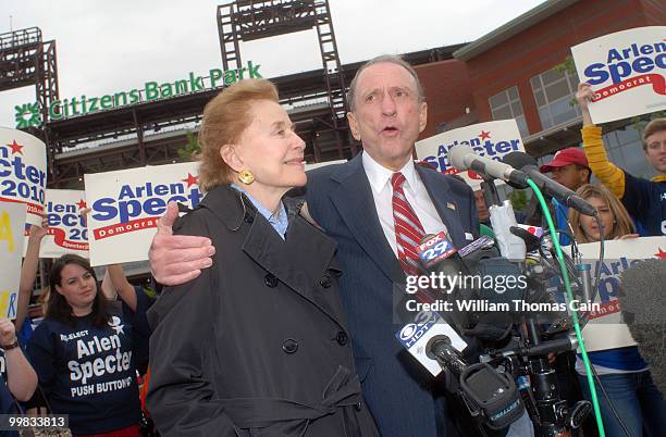 Sen. Arlen Specter and his wife Joan campaign outside Citizens Bank Park May 17, 2010 in Philadelphia, Pennsylvania. Specter, who switched political...