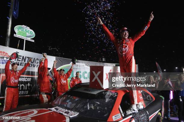 Christopher Bell, driver of the Rheem Toyota, celbrates in Victory Lane after winning during the NASCAR Xfinity Series Alsco 300 at Kentucky Speedway...