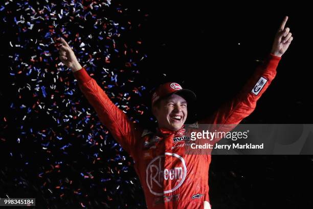 Christopher Bell, driver of the Rheem Toyota, celebrates in Victory Lane after winning during the NASCAR Xfinity Series Alsco 300 at Kentucky...