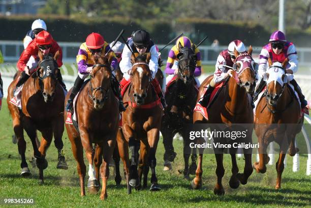 Ben Allen riding Guizot winning Race 3, during Melbourne Racing at Caulfield Racecourse on July 14, 2018 in Melbourne, Australia.