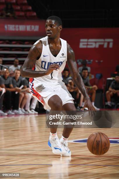 Jawun Evans of the LA Clippers dribbles the ball during the game against the Atlanta Hawks during the 2018 Las Vegas Summer League on July 13, 2018...